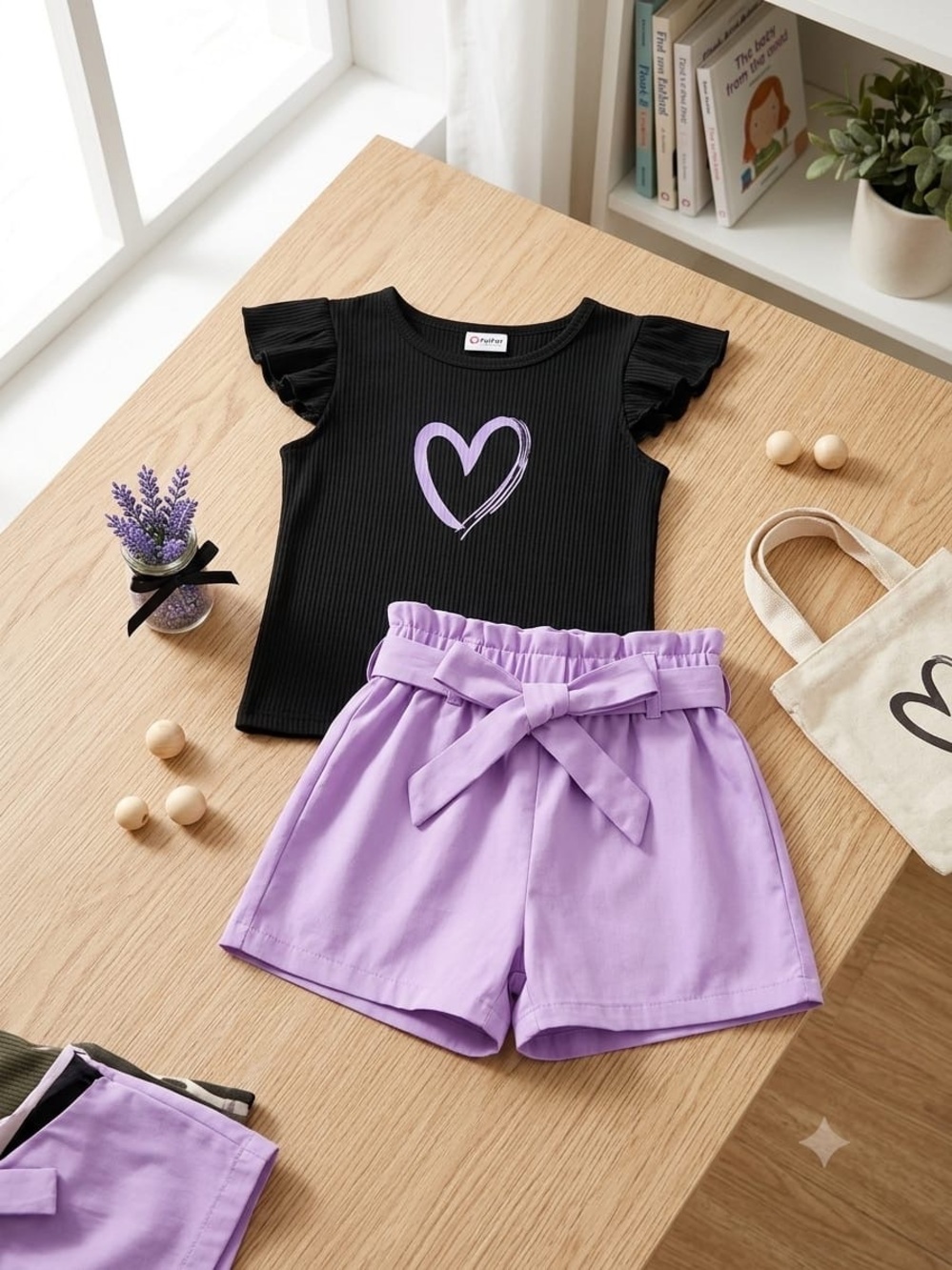 Black & Lavender Heart Kids Pajama Set by